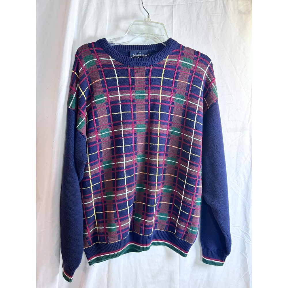 Jack Nicklaus Sweater M Navy Blue Plaid Grandpa Cotton Knit Mens